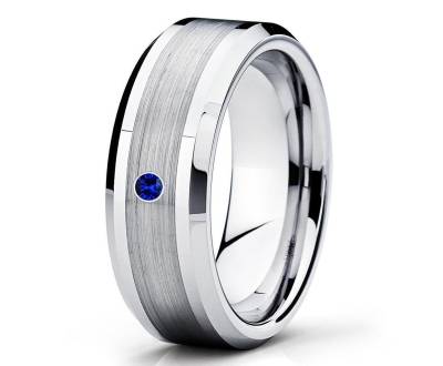 Blauer Saphir Ring, Silber Wolfram Ehering, Wolfram Hartmetall Ring, Einzigartiger Ehering, Hartmetall Ring, Brush von YorksJewelryDesign