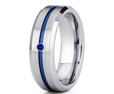 Blauer Wolfram Ehering, Blauer Saphir Ehering, Silber Ring, Blauer Ring, Blaues Band von YorksJewelryDesign