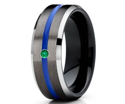Blauer Wolfram Ehering, Gunmetal Ehering, Smaragd Ehering, Wolfram Hartmetall Ring, Einzigartiger Ring, 8mm & 6mm, Blauer Ring von YorksJewelryDesign