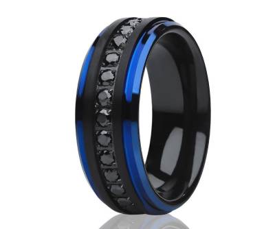 Blauer Wolfram Ehering, Schwarzer Cz Ring, Herren Ehering, Jahrestag Ring, Blaues Ehering, Hartmetall Ring von YorksJewelryDesign