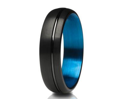 Blauer Wolfram Ring, Schwarzer Jubiläumsring, Hartmetall Einzigartiger Ehering, Blaues Pinsel von YorksJewelryDesign
