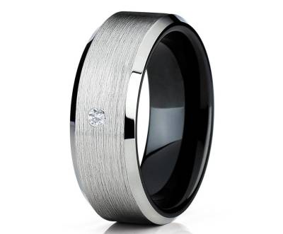 Einzigartiger Ehering - Schwarzer Wolfram Ring Jahrestagsring Weißer Diamant Hartmetall Silber Pinsel von YorksJewelryDesign