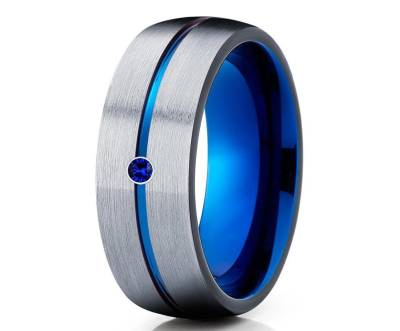 Grauer Ehering, Blauer Wolfram Ring, Jahrestag Ring, Herren & Frauen, Verlobungsring, Hartmetall Ring, Blauer Saphir Ring, Comfort Fit von YorksJewelryDesign