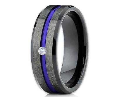 Gunmetal Ehering, Blauer Wolfram Ring, Jahrestag Ring, Herren & Frauen, Diamant Ehering, Schwarzes Ehering, Hartmetall Ring, Brush von YorksJewelryDesign