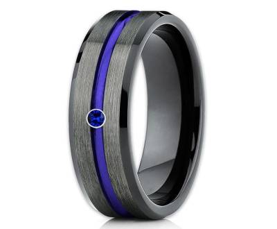 Gunmetal Tungsten Ehering, Blauer Wolfram Ehering, Jahrestag Ring, Verlobungsring, Blauer Saphir Ring, Schwarzer Ehering, Blaues Band von YorksJewelryDesign