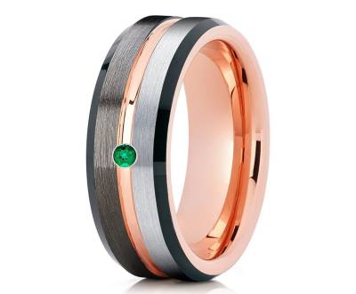 Gunmetal Tungsten Ehering, Smaragd Ehering, Einzigartiger Wolfram Ring, Jahrestag Ring, Verlobungsring, 8mm & 6mm, Schwarzer Ring von YorksJewelryDesign