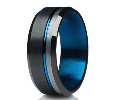 Herren Ehering Blau, Schwarz, Damen, Wolfram Ehering, Comfort Fit Ring von YorksJewelryDesign