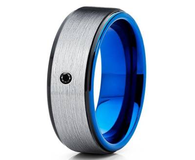 Herren Schwarzer Diamant Ring, Blauer Wolfram Ring, Jahrestag Ring, Hartmetall Ring, Verlobungsring, Blaues Ehering, 8mm & 6mm Ring, Brush von YorksJewelryDesign