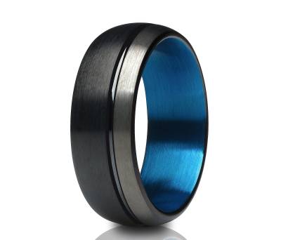 Matter Veredelter Ehering, Schwarzer Wolframkarbid Ring, Jahrestag Blauer Blaues Wolfram Band, Verlobungsring von YorksJewelryDesign