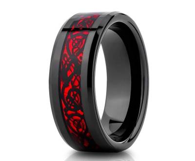 Roter Drache Ehering, Wolfram Ehering, Einzigartiger Wolfram Ring, Jubiläum Ring, 8mm Ring, Verlobungsring, Comfort Fit Ring von YorksJewelryDesign