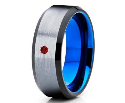 Rubin Ehering, Schwarzer Wolfram Ring, Jahrestag Ring, Einzigartiger Ring, Rubin Herren Ring, Hartmetall Ring, Blauer Ehering, Rubin Ring von YorksJewelryDesign