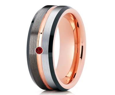 Rubin Wolfram Ehering, Rosegold Ring, Jahrestag Ring, Verlobungsring, Hartmetall Ring, Einzigartiger Ehering, Rubin Ring von YorksJewelryDesign