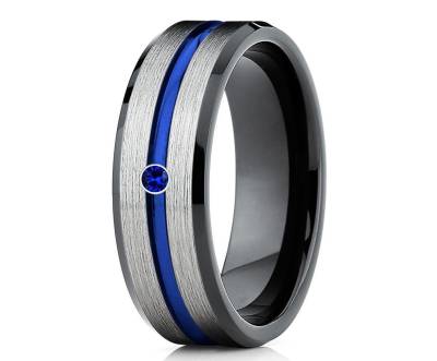 Saphir Ehering, Blauer Wolfram Ring, Hartmetall Ring, Schwarzer Ehering, Jahrestag Ring, Verlobungsband, Schwarzer Ehering, Brush von YorksJewelryDesign