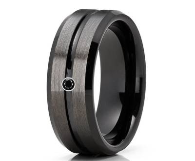 Schwarzer Diamant Ehering, Gunmetal Hartmetall Ring, Verlobungsring, Schwarzes Band, Comfort Fit von YorksJewelryDesign