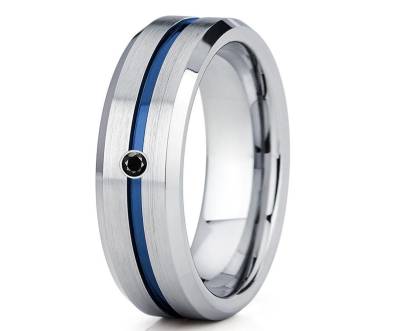 Schwarzer Diamant Ring, Blauer Wolfram Ehering, Jahrestagsring, Verlobungsring, Hartmetall Schwarzes Diamantband von YorksJewelryDesign