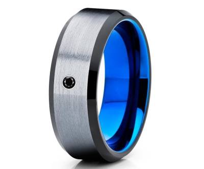 Schwarzer Diamant Wolfram Ring, Blauer Ehering, Wolframkarbid Ring, Jahrestag Ring, Verlobungsring, Schwarzer Ring, Wolframkarbid Ring von YorksJewelryDesign