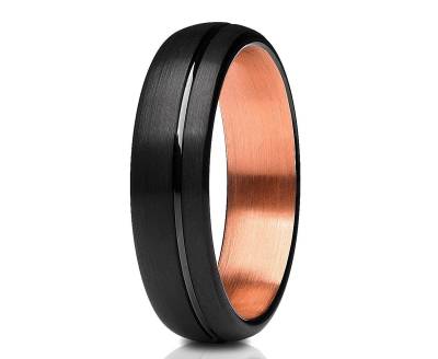 Schwarzer Ehering, Rosegold Wolfram Ring, 8mm & 6mm, 18K Roségold Ring, Jahrestag Ring, Verlobung Ring, Schwarzer Ehering, Brush von YorksJewelryDesign