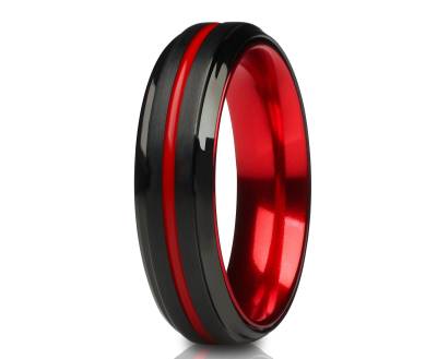 Schwarzer Ehering, Rotes Ehering, Hartmetall Ring, Jubiläumsring, Einzigartiges Ring, Männer & Frauen, Pinsel von YorksJewelryDesign