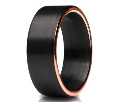 Schwarzer Wolfram Ehering, Rosegold Ring, Jahrestag Ring, Hartmetall Band, Schwarze Ehering, Herren & Frauen, Comfort Fit Ring von YorksJewelryDesign