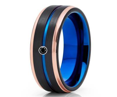 Schwarzer Wolfram Ehering - Diamant Ring Jahrestagsring Verlobungsring Blauer Roségold Comfort Fit von YorksJewelryDesign