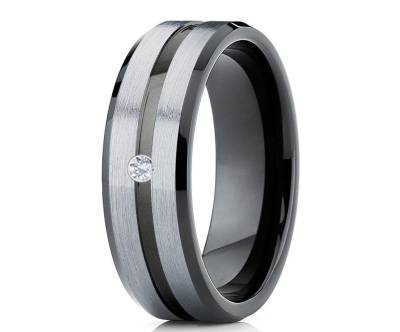 Schwarzer Wolfram Ehering - Weißer Diamant Ring Hartmetall Einzigartiger Grauer Jubiläumsring von YorksJewelryDesign