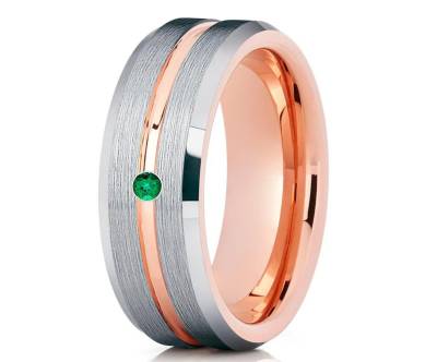 Silber Ehering, Rosegold Wolfram Ring, Smaragd Ehering, Tungsten Carbide Ring, Einzigartiges Ehering, 18K Roségold Ring, Comfort Fit von YorksJewelryDesign