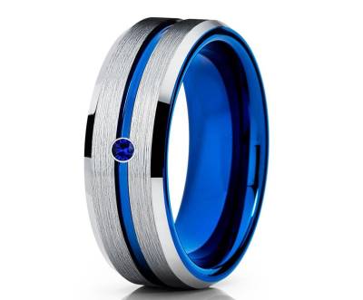 Silber Wolfram Ehering, Blauer Ehering, Saphir Ehering, Wolframkarbid Ring, Verlobungsring, Jahrestag Band, Blaues Band von YorksJewelryDesign