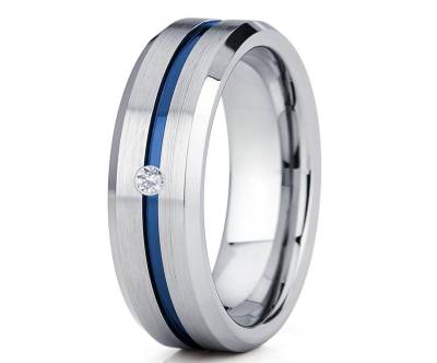 Silber Wolfram Ehering, Diamant Ehering, Blauer Ring, Jahrestag Ring, Einzigartiger Ehering, Weißer Diamant Ring, Comfort Fit von YorksJewelryDesign