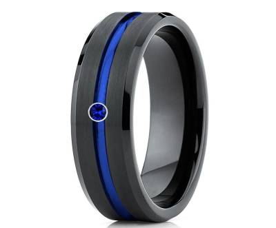 Tungsten Herren Ring, Blauer Wolfram Ring, Einzigartiger Ehering, Blauer Saphir Ring, Hartmetall Ring, Schwarzer Ehering, Herren & Frauen, Brush von YorksJewelryDesign