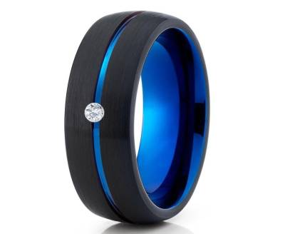 Weißer Diamant Ehering, Blauer Wolfram Ehering, Schwarzer Ehering, Einzigartiger Ehering, Hartmetall Ring, Blauer Ring, Schwarzer Ring, Kuppel von YorksJewelryDesign
