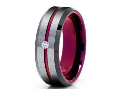 Weißer Diamant Ehering, Lila Ehering, Tungsten Carbide Ring, Jahrestag Ring, Verlobungsring, Einzigartiger Wolfram Ring, Comfort Fit Ring von YorksJewelryDesign