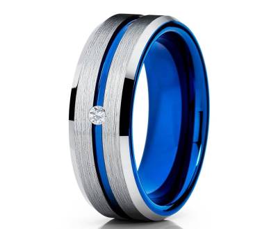 Weißer Diamant Ring, Blauer Wolfram Ring, Silber Ehering, Hartmetall Ring, Verlobungsring, Jahrestag Ehering, Pinsel von YorksJewelryDesign