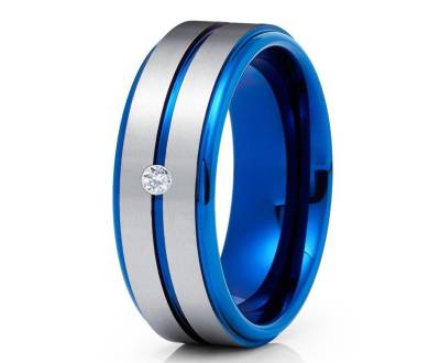 Weißer Diamant Ring, Diamant Ehering, Blauer Wolfram Ring, Jahrestag Ring, Herren & Frauen, Wolframkarbid, Blaues Ehering, Unikat Ring von YorksJewelryDesign