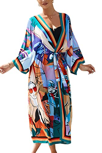 YouKD Damen Sommer Cardigan Maxi Boho Kleid Beach Coverup Robe Long Kimono One Size Bademäntel von YouKD