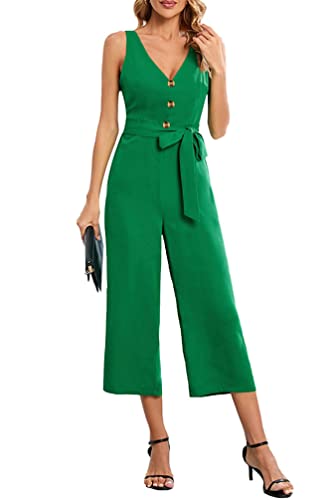 YuanDiann Damen Jumpsuit Sommer Ärmellos Elegant V-Ausschnitt Einfarbig Weites Bein Overall Causal Party Hosenanzug Playsuit Romper Mit Gürtel Grün L von YuanDiann