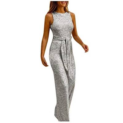 Yuwegr Damen Jumpsuit Ärmellose Rundhals Einfarbig Pailletten Mode Breites Bein Frauen Overall mit Gürtel Sommer Party Playsuit Lang Romper (EU-42/CN-XL, Silber) von Yuwegr