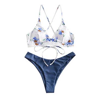 ZAFUL zweiteilig Bikini-Set, Blumenmuster Frauen drucken Push-Up gepolsterter BH Beach Bikini Set Triangle Badehose (Seidenblau, M) von ZAFUL