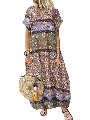 ZANZEA Damen Casual Maxikleid Lockere Passform Kurzarm Vintage Kleider mit Blumenmuster Rundhals Kleider mit Taschen C-Pink 4XL von ZANZEA