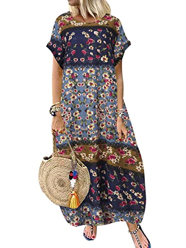 ZANZEA Damen Casual Maxikleid Lockere Passform Kurzarm Vintage Kleider mit Blumenmuster Rundhals Kleider mit Taschen C-Blau XXL von ZANZEA