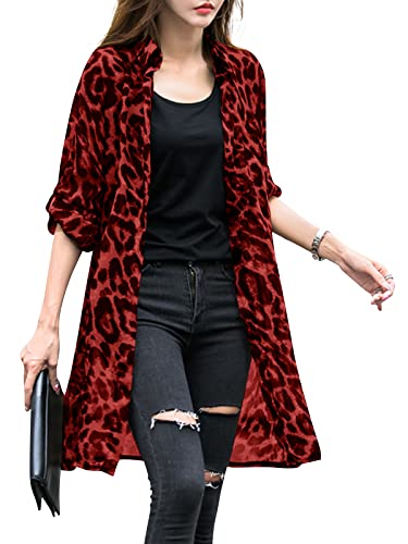 ZANZEA Damen Dünner Sommer Strickjacke Leopardenmuster Loose Bikini Cover Up Langarm Lang Strickjacke Kimono Cardigan A-Rot 3XL von ZANZEA