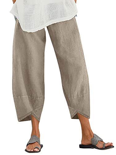 ZANZEA Damen Freizeithose Baumwolle Leinen Kurze Hose Loose Fit Gerade Elastische Taille Chinohose Mit Tasche Beige 3XL von ZANZEA