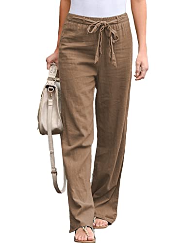 ZANZEA Damen Leinen Hose Einfarbig Damen Sommerhose Lose aus Baumwolle Leinen Jogginghose Stretch Bequeme Strandhose Freizeithose Khaki S von ZANZEA