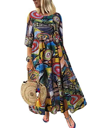 ZANZEA Damen Rundhals 1/2 Ärmel Sommer Kleider Drucken Vintage Locker Elegant Freizeitkleid Strandkleider Lange Maxikleid Boho-Grün 4XL von ZANZEA