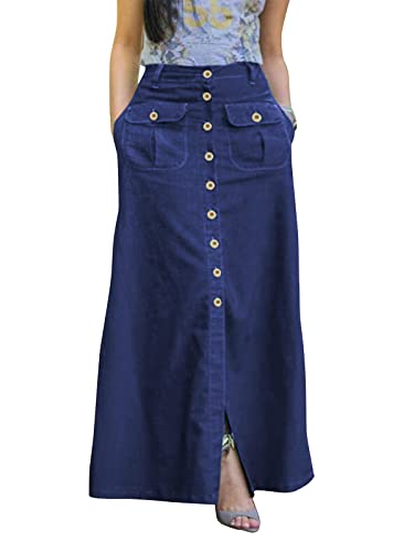 ZANZEA Jeans Rock Damen Lang Elegant Vorne Knopf A-Linie Maxirock Vintage Röcke High Waist Sommer Jean Maxirock C-Blau L von ZANZEA