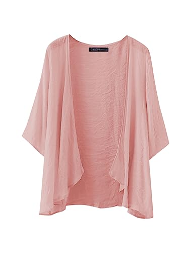 ZANZEA Kimono Damen Strand Kurz Cardigan Sommer Boho 3/4 Arm Strickjacke Strand Cover Up Große Größen Strandponcho Oversize Cardigan B-Rosa S von ZANZEA