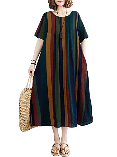 ZANZEA Sommerkleid Kurzarm Damen Baumwolle Leinenkleider Gestreift Rundhals Midikleid A-Linie Tunika Kleid Lose Casual Strandkleid H-Grün XXL von ZANZEA