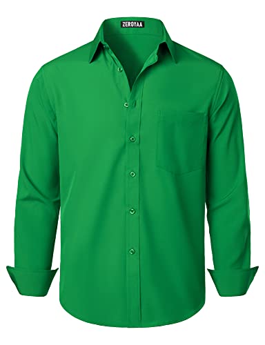 ZEROYAA Herren Regular Fit Kleid Hemd Solid Faltenfrei Langarm Casual Business Button Up Shirts mit Tasche, Kleeblatt, Grün, XL von ZEROYAA