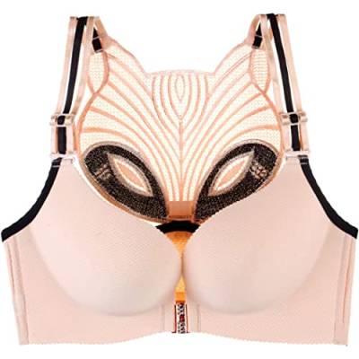 ZESLIV Damen BH Vorderverschluss ohne Bügel Hautfarbe 90E Push Up BH mit Fuchs-Stickerei große größen Frauen Wohlfühl Bustier Strass Bra von ZESLIV