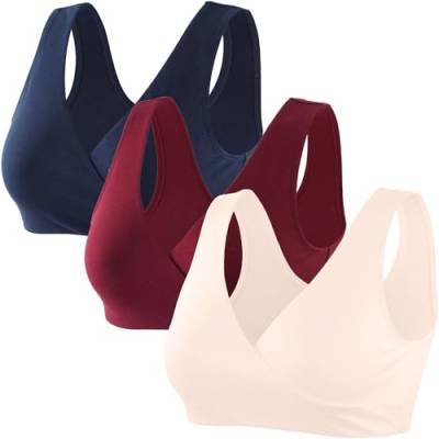 ZUMIY Nahtloser Still BH ohne Bügel, Maternity Nursing Bras Schwangerschafts-BH und Stillzeit Unterwäsche Stillen und Schlaf Ohne Bügel für Damen (M,Navy Blue+Red Wine+Apricot/3pack) von ZUMIY