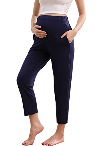 ZUMIY Umstands Lounge Hosen, Schwangerschafts Hosen über dem Bauch Stretch Umstandshosen, Umstands Kleidung Sweatpants mit Taschen, Freizeithose für Schwangere (M,Navy Blue) von ZUMIY